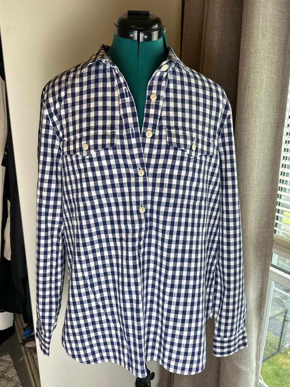 LL Bean Signature Navy and White Gingham Button-Front Shirt